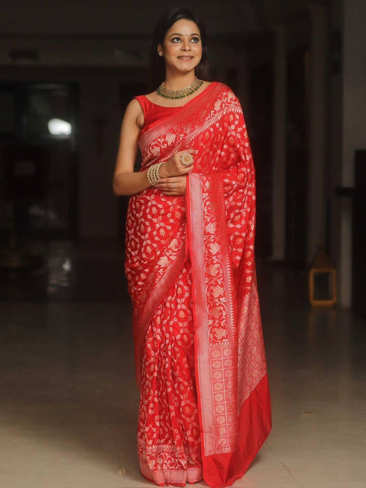 Flaunt Red Soft Banarasi Silk Saree Gleaming Blouse Piece