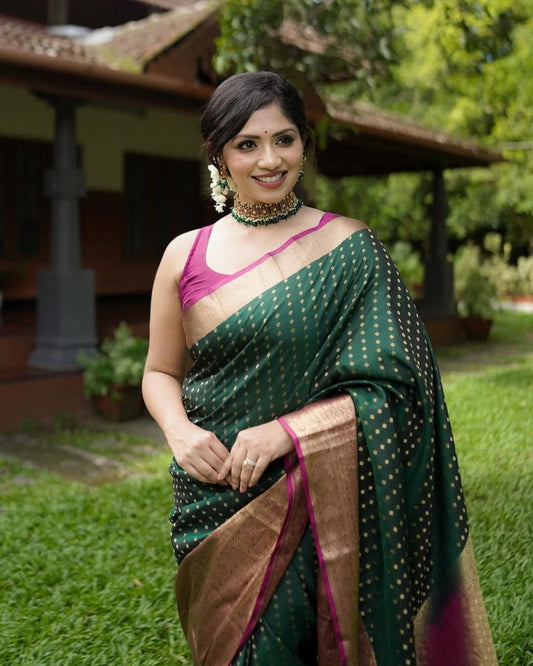 Quintessential Dark Green Soft Banarasi Silk Saree With Lissome Blouse Piece