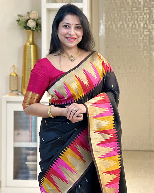 Snappy Black Soft Silk Saree With Fragrant Blouse Piece