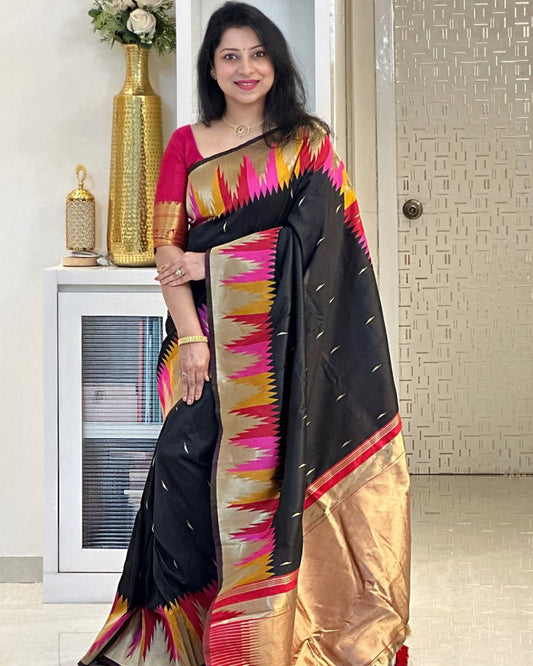 Snappy Black Soft Silk Saree With Fragrant Blouse Piece
