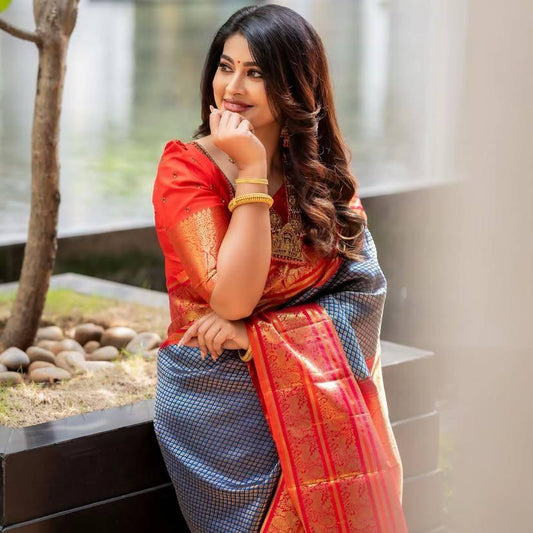 Gleaming  Blue Banarasi Silk Saree With Pretty Blouse Piece