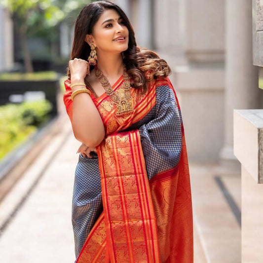 Gleaming  Blue Banarasi Silk Saree With Pretty Blouse Piece