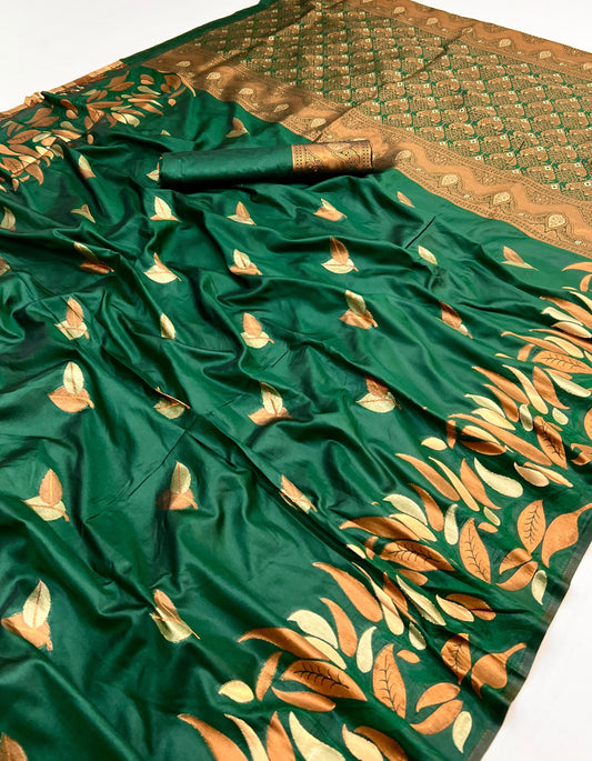 Designer Dark Green Soft Banarasi Silk Saree With Mellifluous Blouse Piece