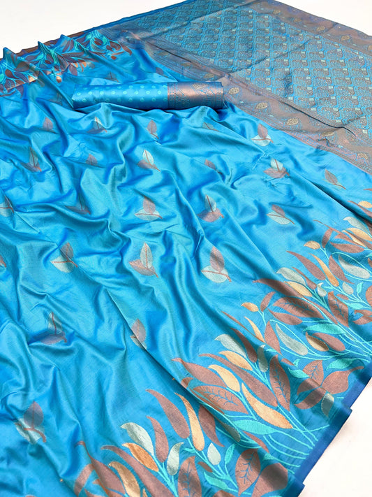 Blissful Firozi Soft Banarasi Silk Saree With Mesmeric Blouse Piece