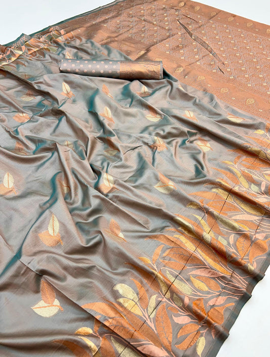 Desultory Grey Soft Banarasi Silk Saree With Moiety  Blouse Piece