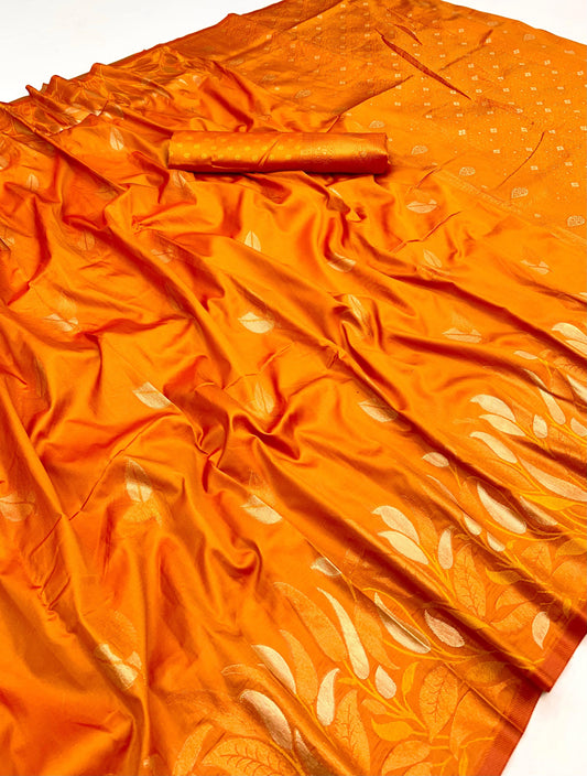Effervescent Orange Soft Banarasi Silk Saree With Elision Blouse Piece