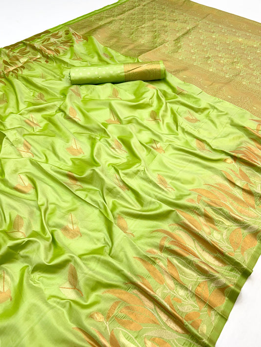 Dazzling Pista Soft Banarasi Silk Saree With Elision Blouse Piece