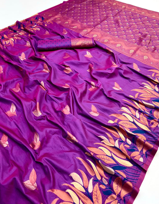 Effervescent Purple Soft Banarasi Silk Saree With Elision Blouse Piece