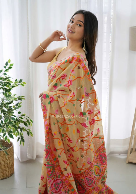 Lissome  Light Yellow Pashmina saree With Incomparable Blouse Piece