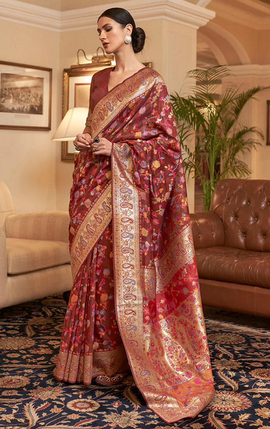 Gleaming Red Banarasi Silk Saree With Exceptional Blouse Piece
