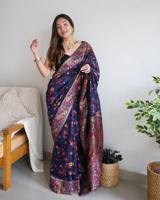 Elegant Blue Banarasi Silk Saree With Adorning Blouse Piece