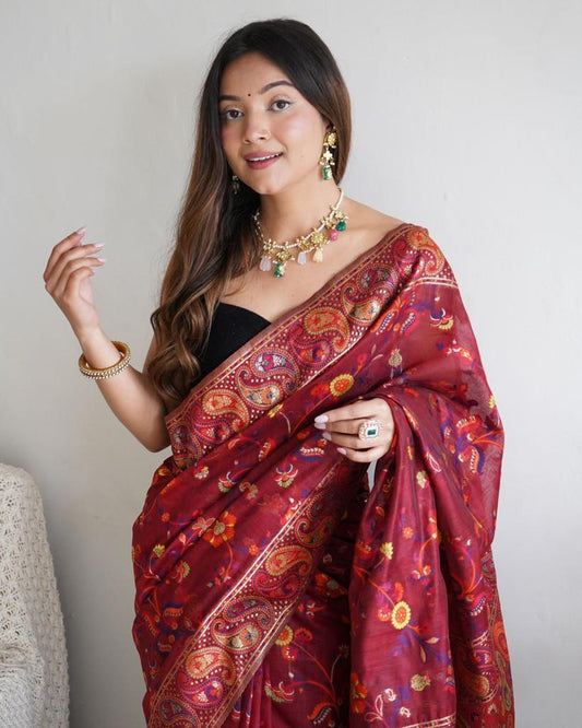 Adorable Maroon Banarasi Silk Saree With Exceptional Blouse Piece