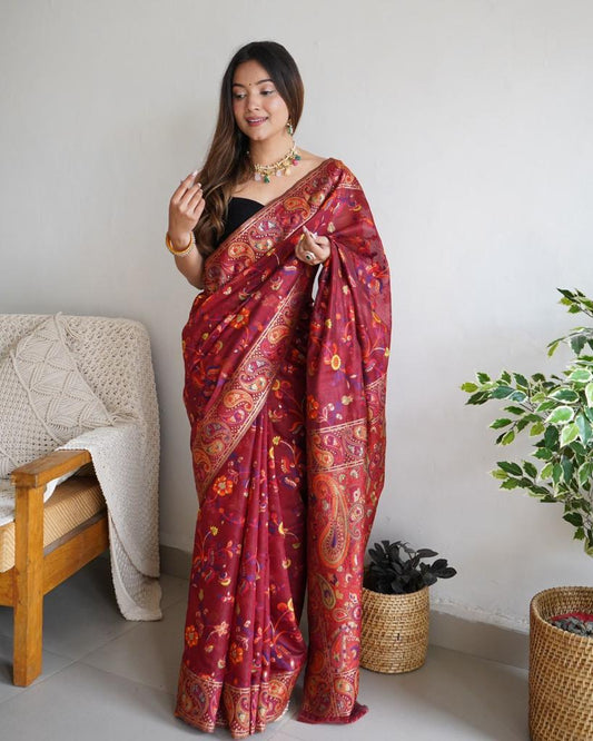 Adorable Maroon Banarasi Silk Saree With Exceptional Blouse Piece