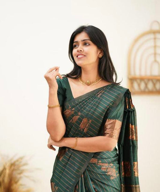 Invaluable Dark Green Soft Banarasi Silk Saree With Desiring Blouse Piece