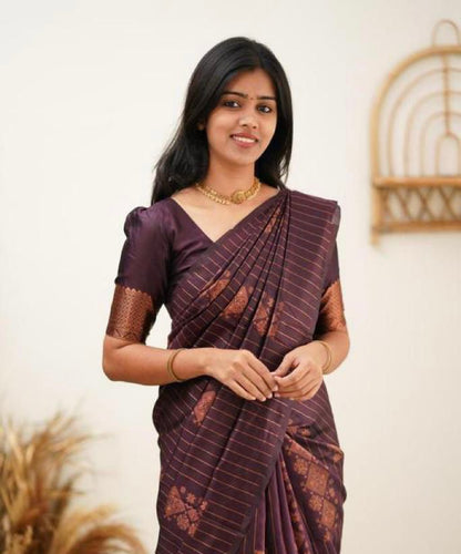 Exquisite Wine Soft Banarasi Silk Saree With Adoring Blouse Piece