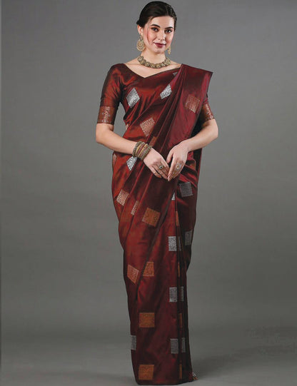 Sophisticated Maroon Soft Banarasi Silk Saree With Serendipity Blouse Piece