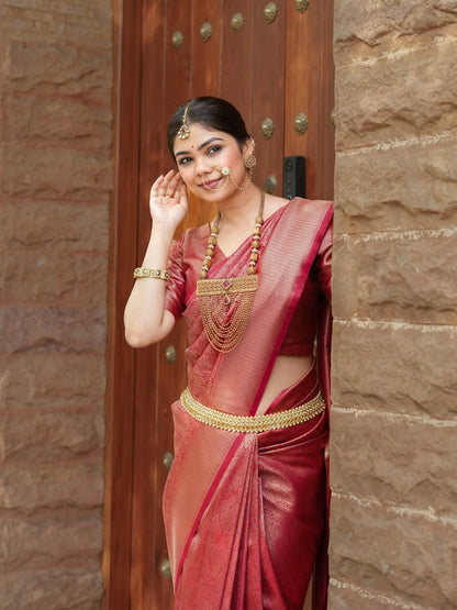 Prettiest Red  Soft Silk Saree With Delectable Blouse Piece