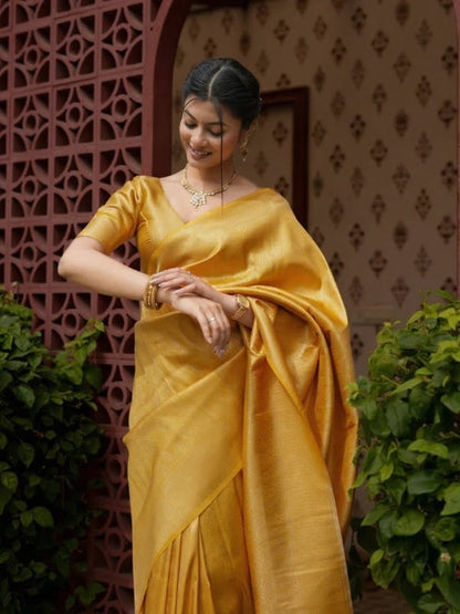 Prettiest Yellow Soft Silk Saree With Delectable Blouse Piece