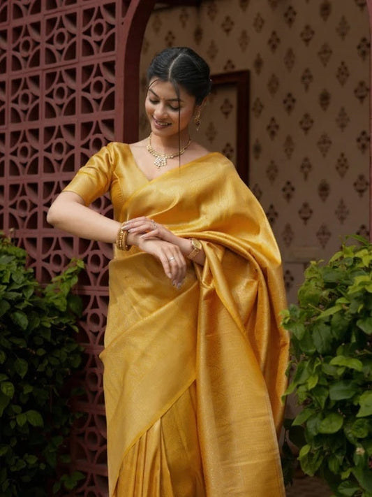Prettiest Yellow Soft Silk Saree With Delectable Blouse Piece