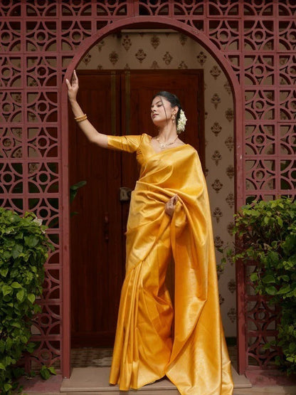 Prettiest Yellow Soft Silk Saree With Delectable Blouse Piece