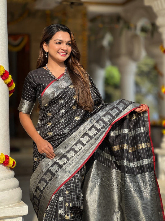 Moiety Black Soft Silk Saree With Marvellous Blouse Piece