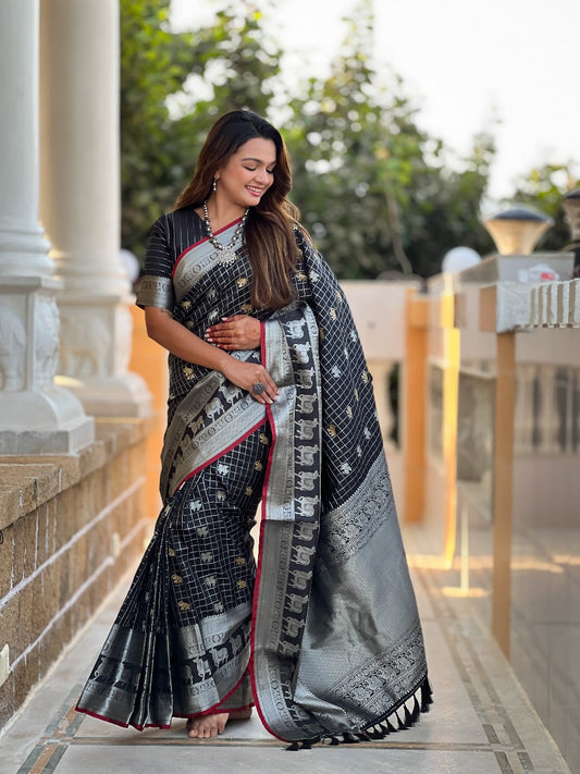 Moiety Black Soft Silk Saree With Marvellous Blouse Piece