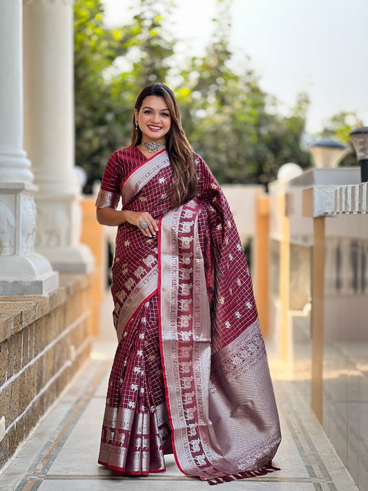 Arresting Wine Soft Silk Saree With Lovely Blouse Piece