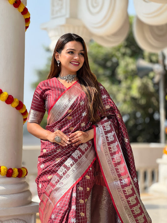Arresting Wine Soft Silk Saree With Lovely Blouse Piece