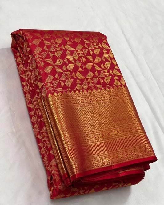 Splendorous Red Soft Banarasi Silk Saree With Opulent Blouse Piece