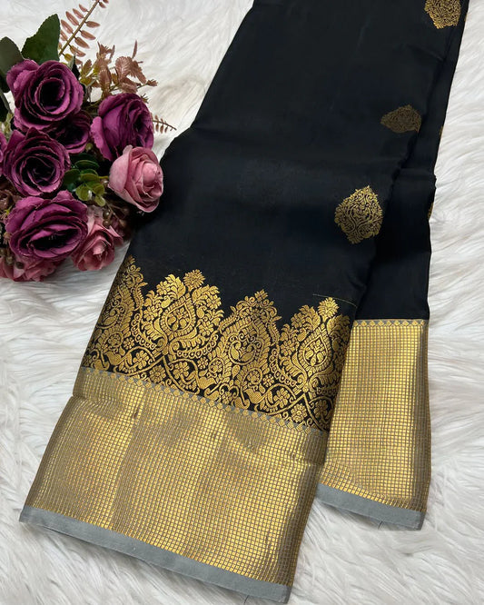 Designer Black Soft Banarasi Silk Saree With Forbearance Blouse Piece
