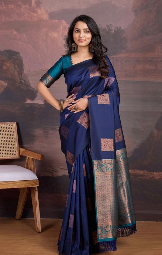 Beaytiful Navy Blue Soft Silk Saree With Innovative Blouse Piece