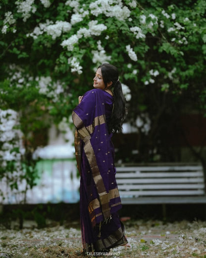 Fantabulous Navy Blue Cotton Silk Saree With Embellished Blouse Piece