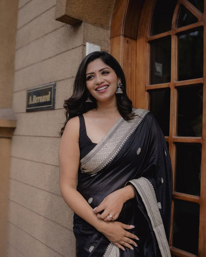 Unique Black Soft Banarasi Silk Saree With Jazzy Blouse Piece