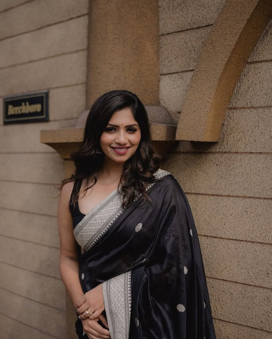 Unique Black Soft Banarasi Silk Saree With Jazzy Blouse Piece