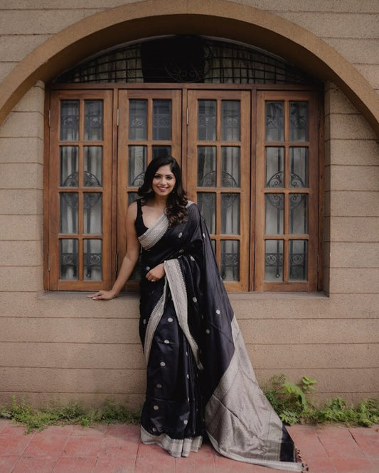 Unique Black Soft Banarasi Silk Saree With Jazzy Blouse Piece