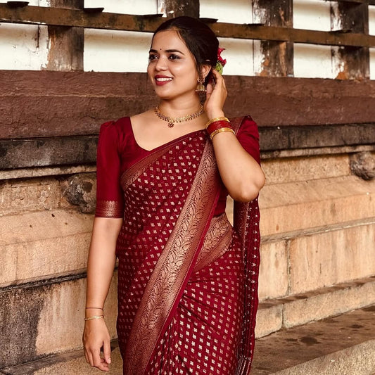 Twirling Maroon Soft Banarasi Silk Saree With Surpassing Blouse Piece
