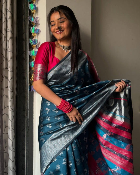 Wonderful Teal Blue Soft Silk Saree With Luminous Blouse Piece