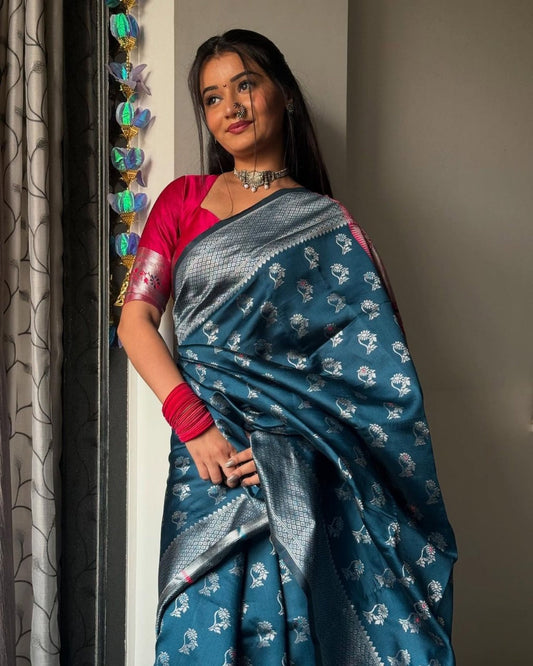 Wonderful Teal Blue Soft Silk Saree With Luminous Blouse Piece