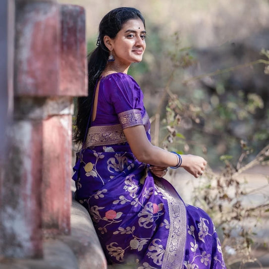 Charming Purple Soft Banarasi Silk Saree With Pretty Blouse Piece