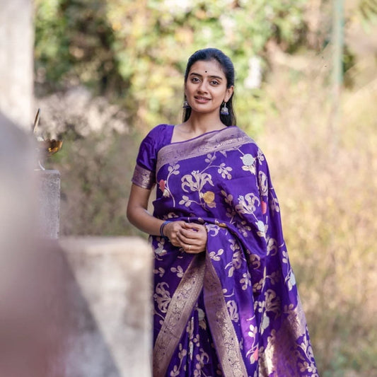 Charming Purple Soft Banarasi Silk Saree With Pretty Blouse Piece