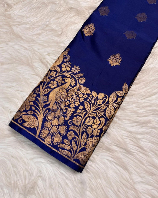 Quintessential Navy Blue Soft Banarasi Silk Saree With Invaluable Blouse Piece