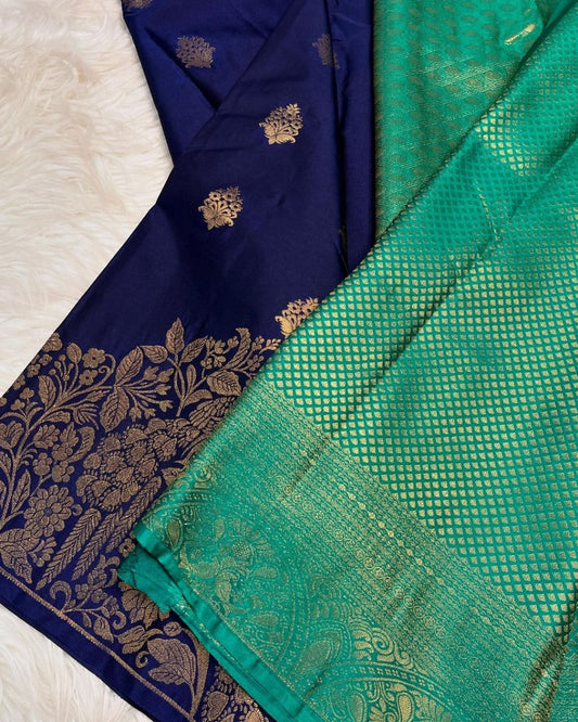 Quintessential Navy Blue Soft Banarasi Silk Saree With Invaluable Blouse Piece