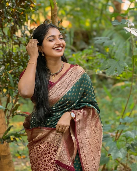 Beleaguer Dark Green Soft Silk Saree With Seraglio Blouse Piece