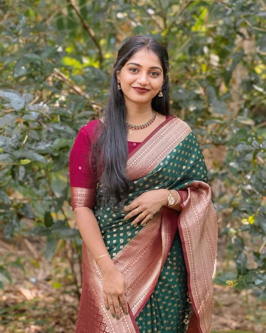 Beleaguer Dark Green Soft Silk Saree With Seraglio Blouse Piece