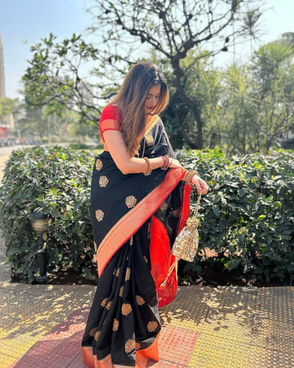 Felicitous  Black Soft Banarasi Silk Saree With Seraglio Blouse Piece