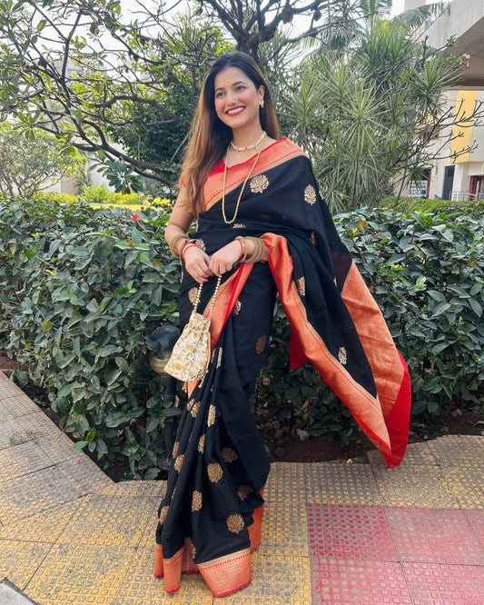 Felicitous  Black Soft Banarasi Silk Saree With Seraglio Blouse Piece