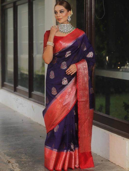Demure Navy Blue Soft Silk Saree With Confounding Blouse Piece