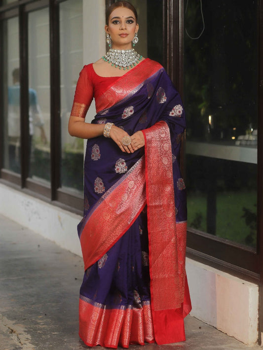 Demure Navy Blue Soft Silk Saree With Confounding Blouse Piece
