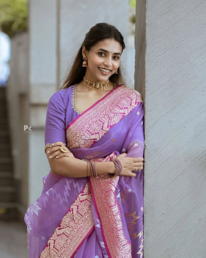 Designer Lavender Cotton Silk Saree With Stylish Blouse Piece
