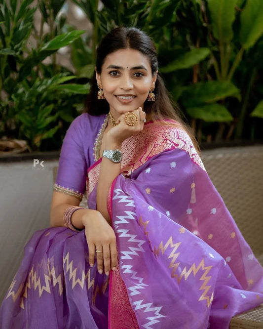 Designer Lavender Cotton Silk Saree With Stylish Blouse Piece